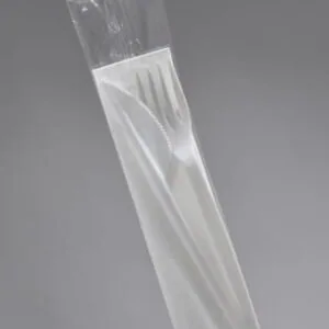 Zestaw sztućców widelec + nóż + serwetka BIAŁE foliowane 350 szt