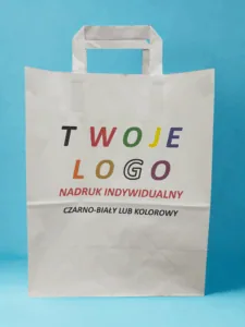 Torba papierowa biała płaski uchwyt 26x14x32 cm Z NADRUKIEM 1 STRONNYM 100 szt