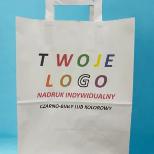 Torba papierowa biała płaski uchwyt 26x14x32 cm Z NADRUKIEM 1 STRONNYM 100 szt