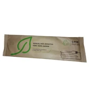 Zestaw sztućców drewniany widelec + nóż + serwetka w papierku 250 szt