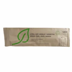Zestaw sztućców drewniany widelec + nóż + łyżka serwetka w papierku 250 szt